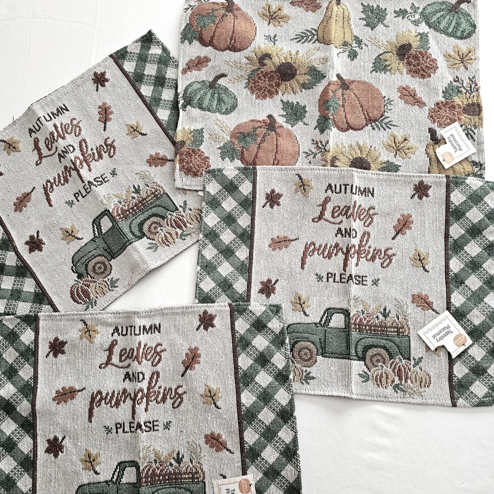 Perfect Harvest Tapestry Placemats Set of 4 Autumn Leaves Pumpkins Green Truck